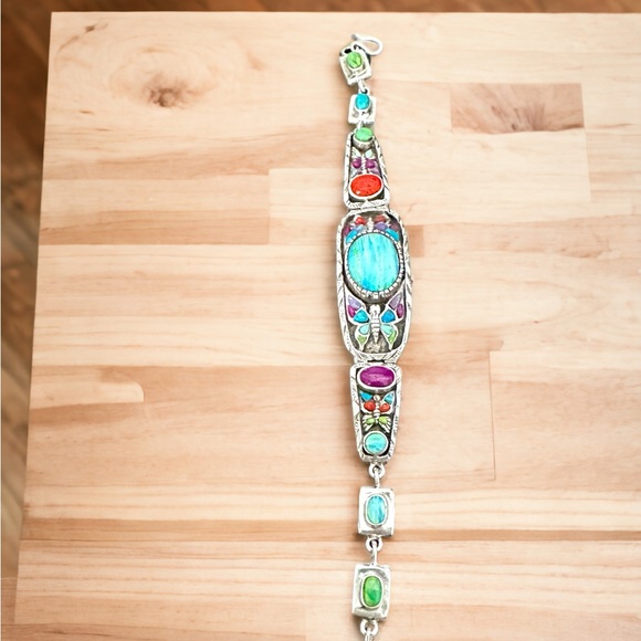 Stunning Fire Opal & Turquoise in Solid Sterling Silver Bracelet - Picture 7 of 12